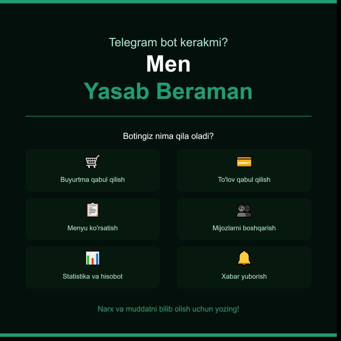 Telegram bot | Web sayt | Mobil ilova | AI  yechimlar yaratish