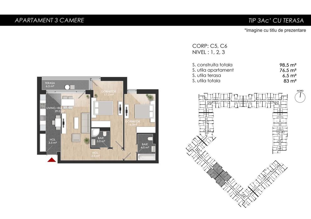 3 camere Etaj3/4. 77mp utili. Direct Dezvoltator. Reper Colosseum Mall