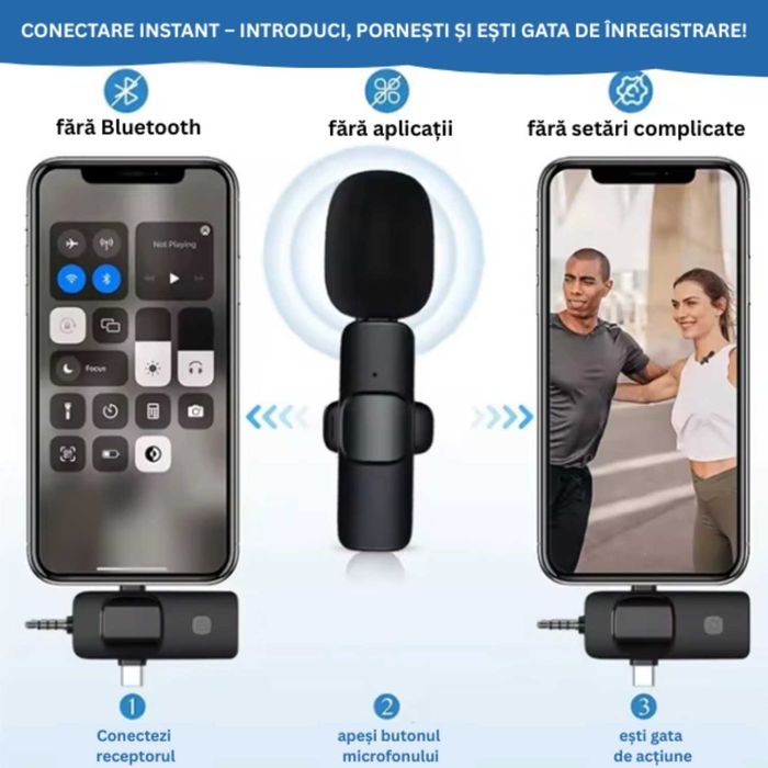Microfon Lavalier Nexonix® Wireless K15, reducere a zgomotului, 3 în 1