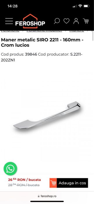 Manere metalice mobila - crom lucios 20cm lungime