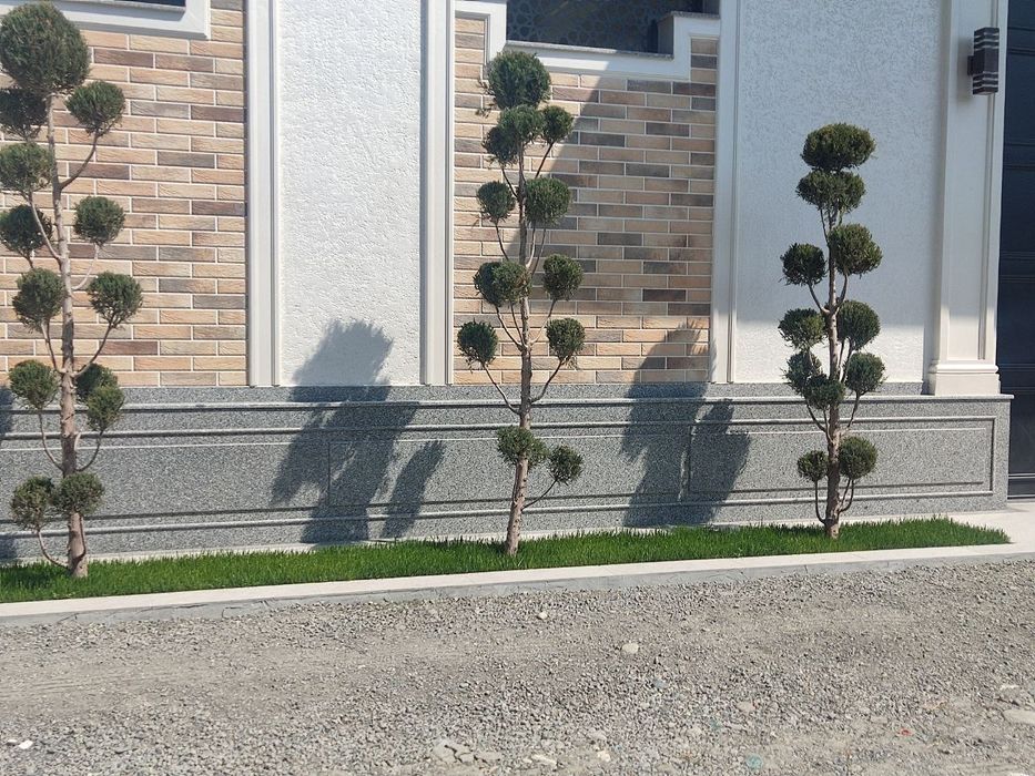 Granit , Travertin , Marmar toshlardan . Uyning fasad va sokillariga.