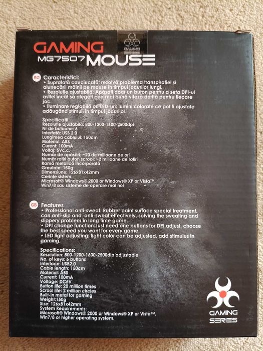 Mouse Gaming MYRIA MG7507 iluminare RGB, 2500 DPI, cablu USB 1,5 m - NOU / SIGILAT
