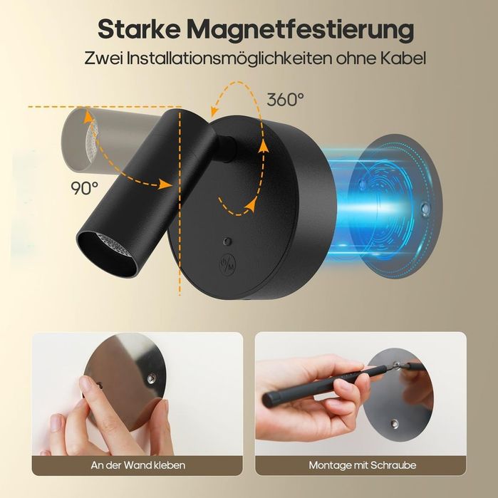 Set 2 spoturi LED wireless 3000mAh telecomandă USB-C