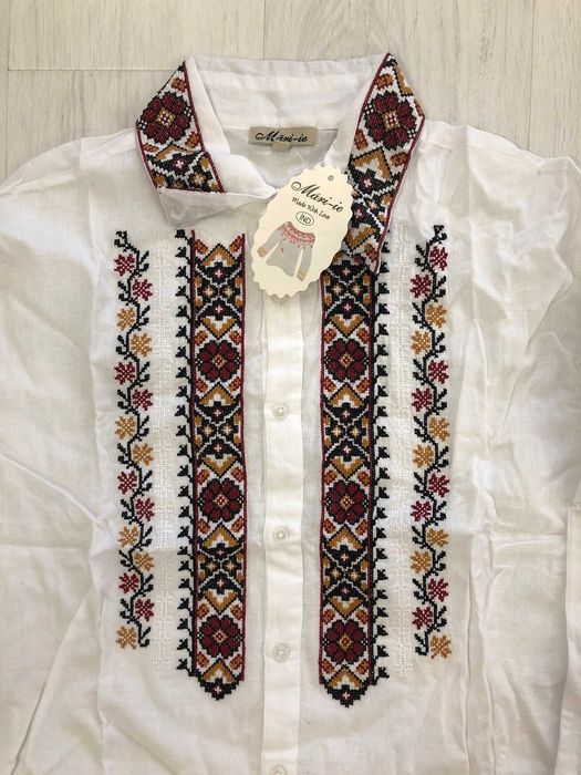 Cămașă tradițională bărbătească albă cu broderie grena – 2XL