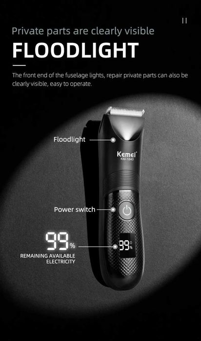 Aparat de ras Kemei-1840, Barba Corp Inghinal, Wireless, Led, 6000 rpm