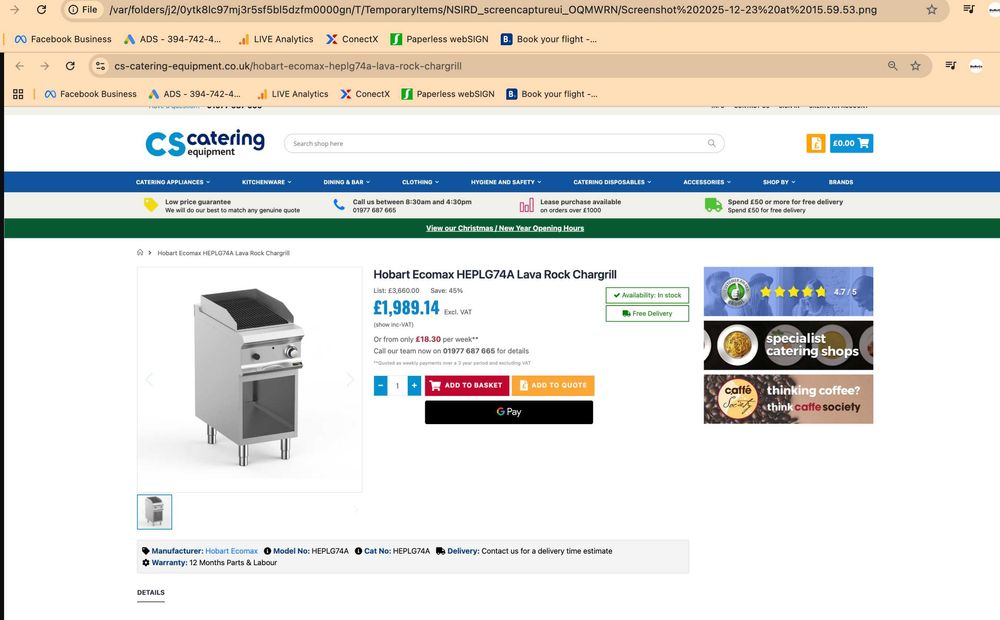 HOBART HEPLG74A - Gratar roca vulcanica GAZ (400x730x850 MMH)