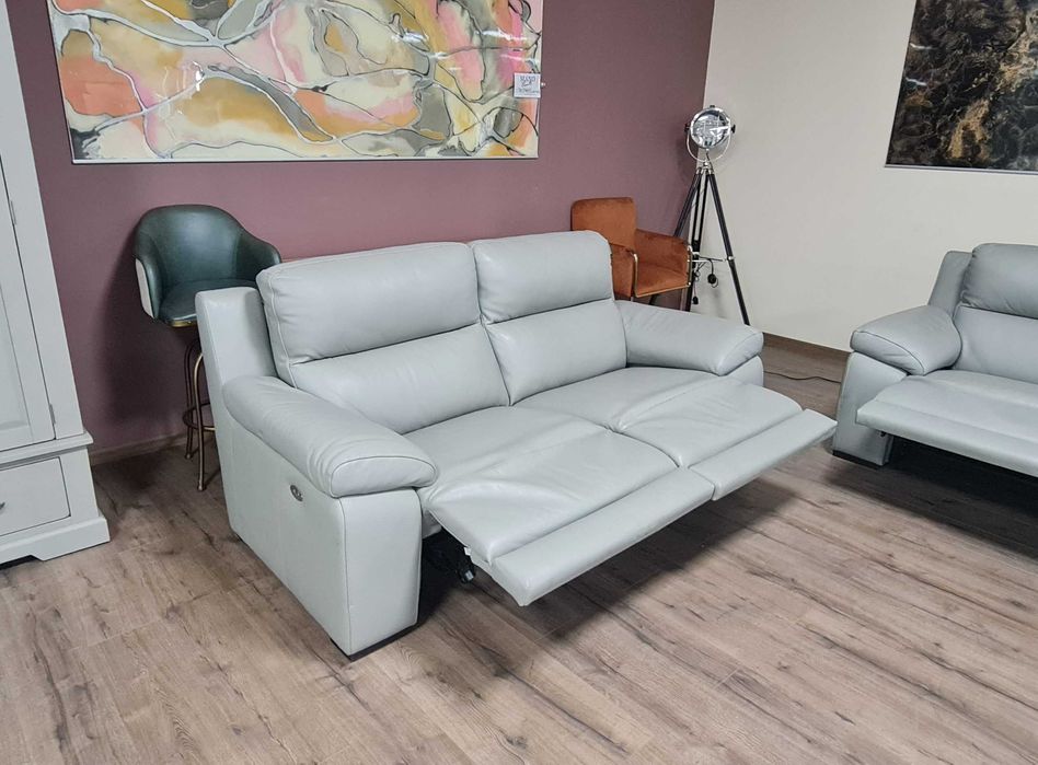 Италиански сив кожен комплект дивани две тройки с ел. релакс механизъм