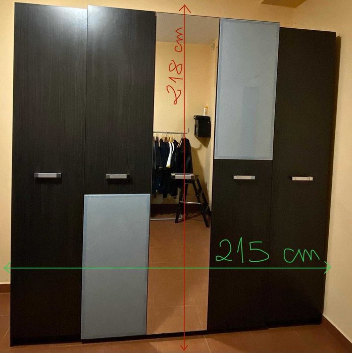Dulap negru cu oglinda si sticla mata cu 5 uși, negru, 218x215x59 cm