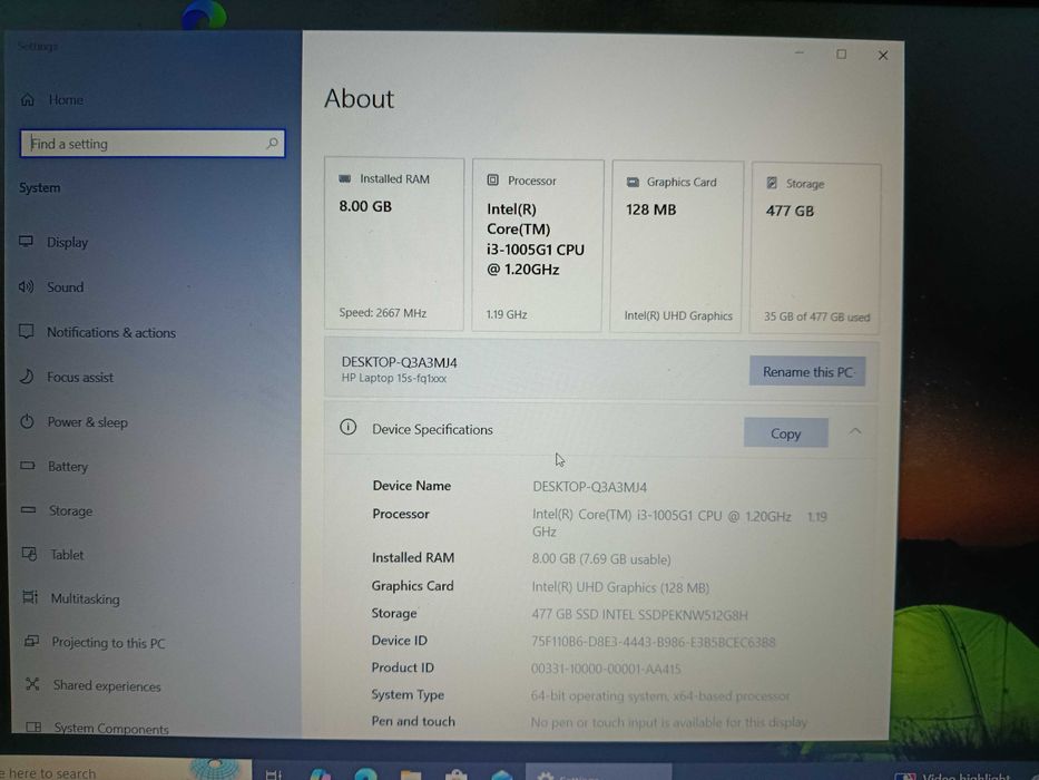 Laptop HP I3-1005G1, 8Gb DDR4, 512Gb M.2 NVMe
