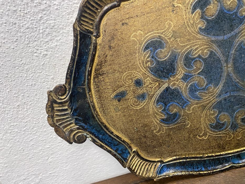 Винтидж поднос Италия 1950 1970 Florentine синьо злато