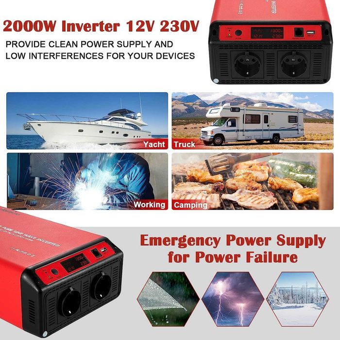 Hoenjuno 2000 W Car Inverter 12 V към 230 V 2000 W чист инвертор