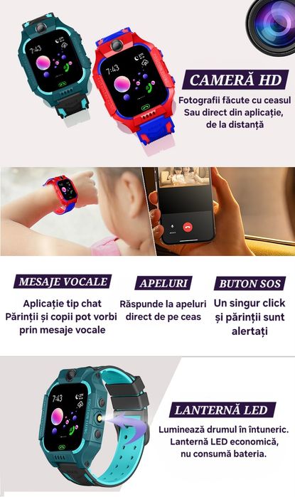 Ceas smart copii cu SIM. Localizare/SOS. Apel/Mesaje audio. Foto.