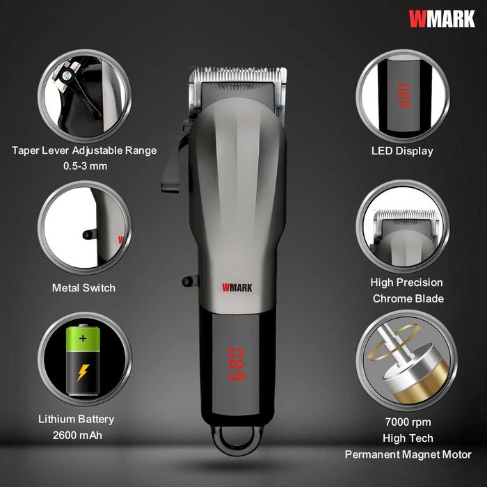 Mașină de tuns profesională WMARK NG-115, 7000 RPM, acumulator 2600 mAh, autonomie 240 minute, afișaj LED, lame 440C, 4 grătare, NOUA