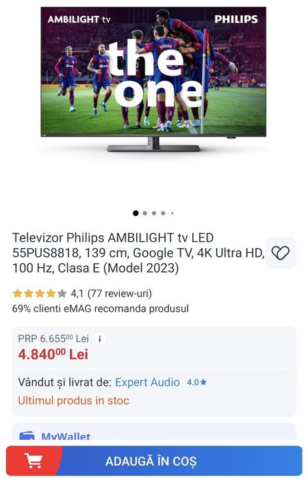 Televizor Philips 4K Ambilight Smart Google TV 55PUS8818  139 Cm