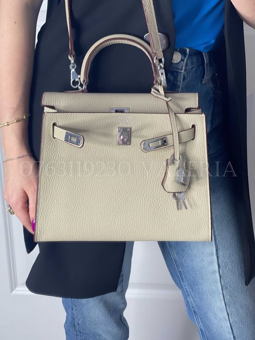 Geanta Piele Bovine - Ivoire cu Argintiu