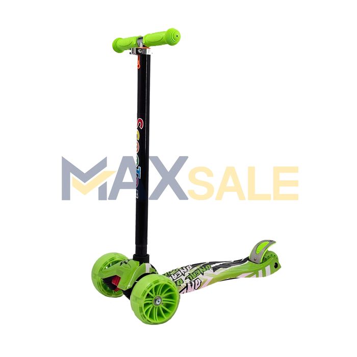 Триколка детска тротинетка с 3 светещи колела зелено многоцветно