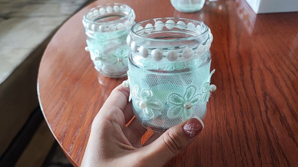 Свещници в бурканчета с декорация цвят мента - 20бр.- цена за всички