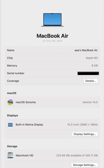 MacBook Air 15 -inch  / M3  / 8 Gb RAM / 256 gb / Space Gray / Nou |