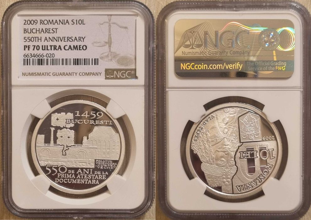 Moneda BNR 10 lei argint Vlad Tepes gradata NGC PF 70 Ultra Cameo