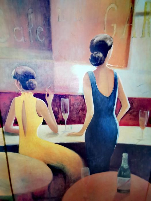 Антикварна картина две жени в кафене голяма в рамка без паспарту