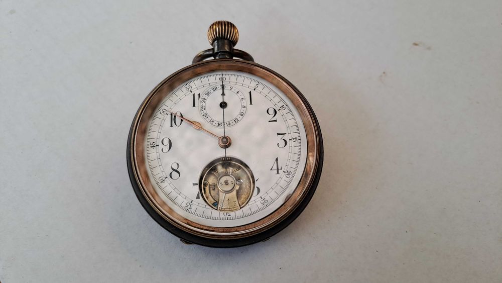 Ceas Buzunar Chronograph foarte rar, open heart cu balansul pe fata