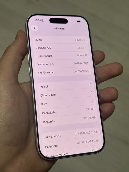 iPhone 17 / 256 GB / Baterie 100% / 26 Cicluri / Alb