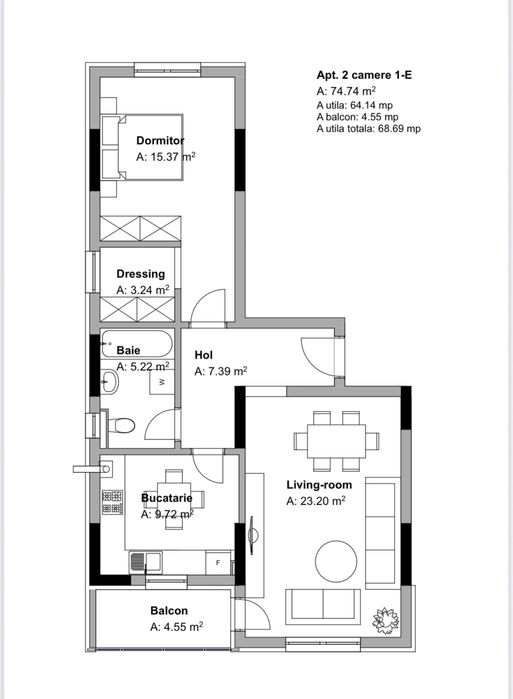 Apartament 2 Camere 69/mp