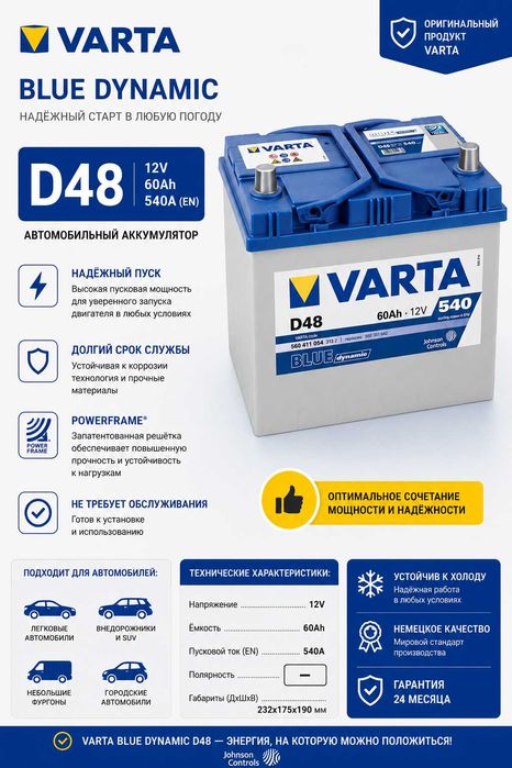 Аккумулятор автомобильный VARTA Blue Dynamic D48