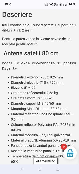 Antena satelit 80 cm cu LNB twin si suport perete. Noua.