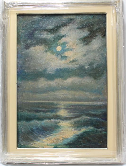 Лот две стари картини море, Нощ и Изгрев, платно маслени бои