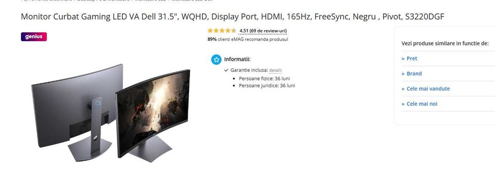 Monitor Gaming Dell S3220DGF curbat LED VA 31.5”, WQHD, 165Hz