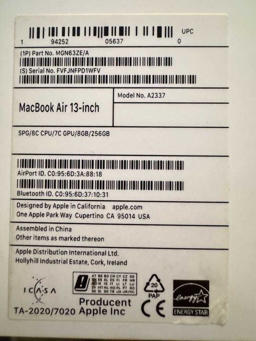 Лаптоп Apple Macbook Air M1 2020 13,3' - 256GB SSD - 8GB RAM - Silver