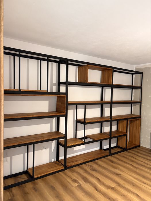 Raft fier cu lemn natural 3 cm esenta tare stil industrial .