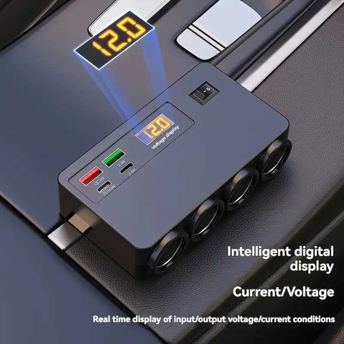 Разклонител за запалка 12V/24V 120W с 4 гнезда USB Type-C и волтметър