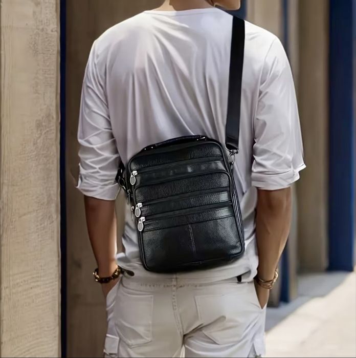 Мъжка дизайнерска ежедневна и стилна чанта с ципове/Кафява естест.кожа