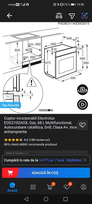 Cuptor incorporabil Electrolux EOG2102AOX, Gaz, 68 l, Multifunctiona