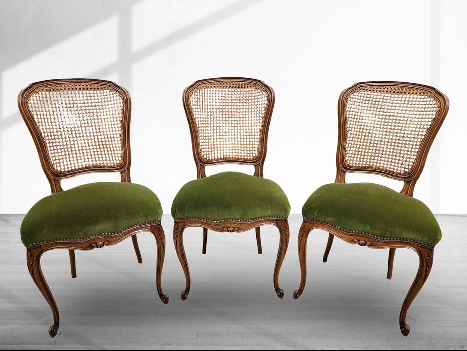 6 броя трапезни столове тъмен дъб с ратанова седалка в стил "ЛУИ XV"