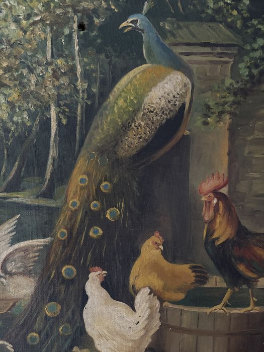 Tablou Vechi Pictură în Ulei pe Pânză Scena de Curte Paun Rama Baroca