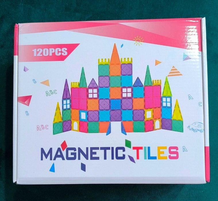Magnetic tiles 120 piese, 7,5 cm , 2 mașinuțe, piese magnetice