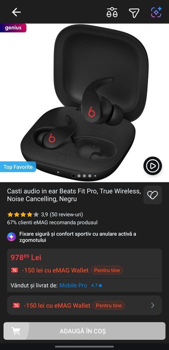 Casti audio in ear Beats Fit Pro, True Wireless, Noise Cancelling, Negru