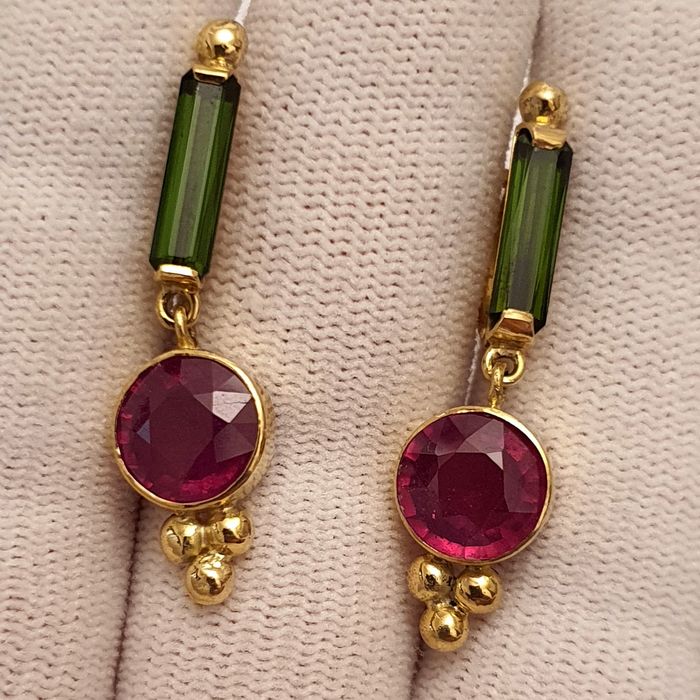 cercei unicat aur 14k cu rubine si turmaline naturale