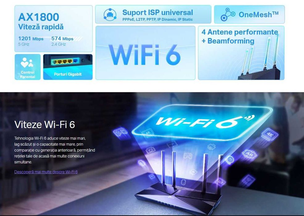Router WiFi TP-Link Archer AX20 AX1800 WiFi6 dual band 5GHz range extins cu High-Power FEM si USB