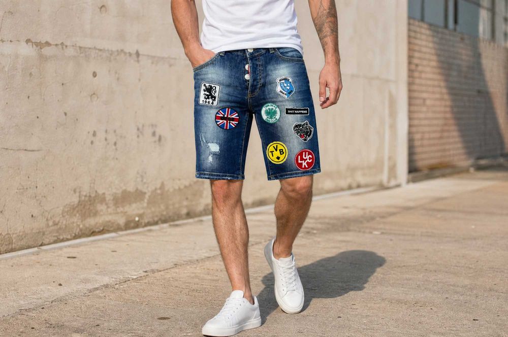 Мъжки къси дънкови панталони Dsquared2 — син wash, slim fit, мулти-патч дизайн - 46 48
