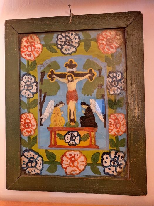 Vând icoană veche pictată pe sticlă, 40 × 30 cm