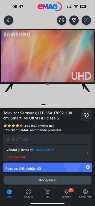 Televizor Samsung LED 55AU7092, 138 cm, Smart, 4K Ultra HD, clasa G