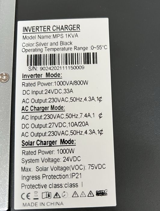 Inverter solar 1000VA/800W, 230V AC, 24V DC