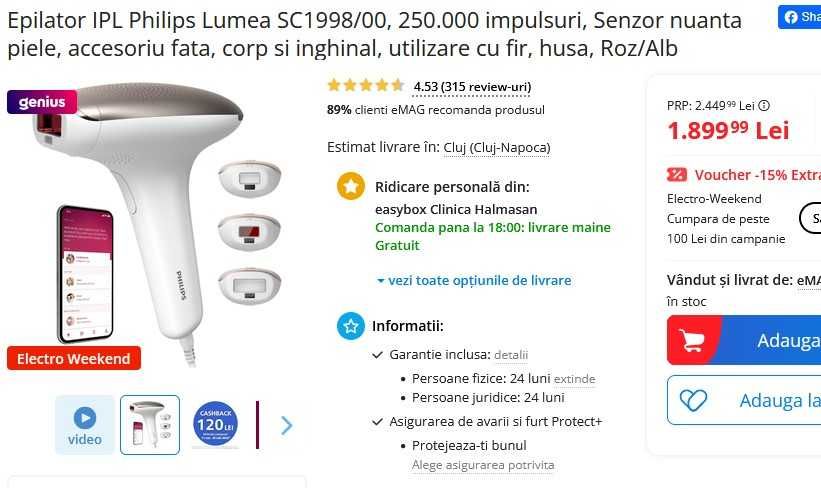 Epilator IPL Philips Lumea SC1998/00 - SIGILAT - GARANTIE