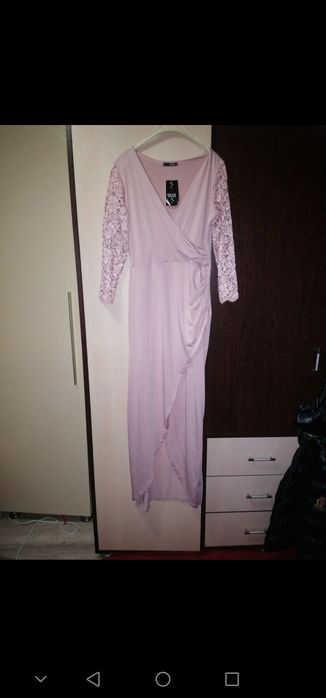 Rochie de ocazie lungă roz pudrat XL cu dantelă și paiete