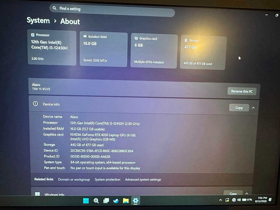 Laptop Gaming MSI Thin 15 – i5-12450H / RTX 4050 6GB / 16GB RAM / SSD 512GB / 144Hz