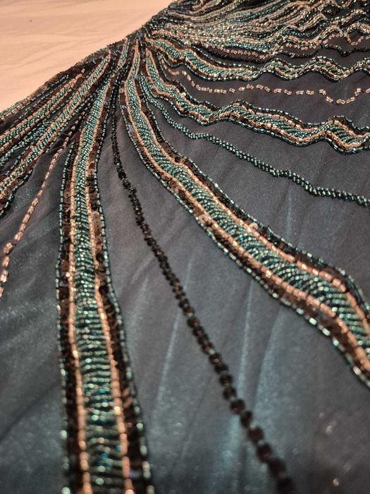 Rochie elegantă lungă de seară petrol/turcoaz cu paiete și aplicații – model spectaculos – ocazie / nuntă / gală